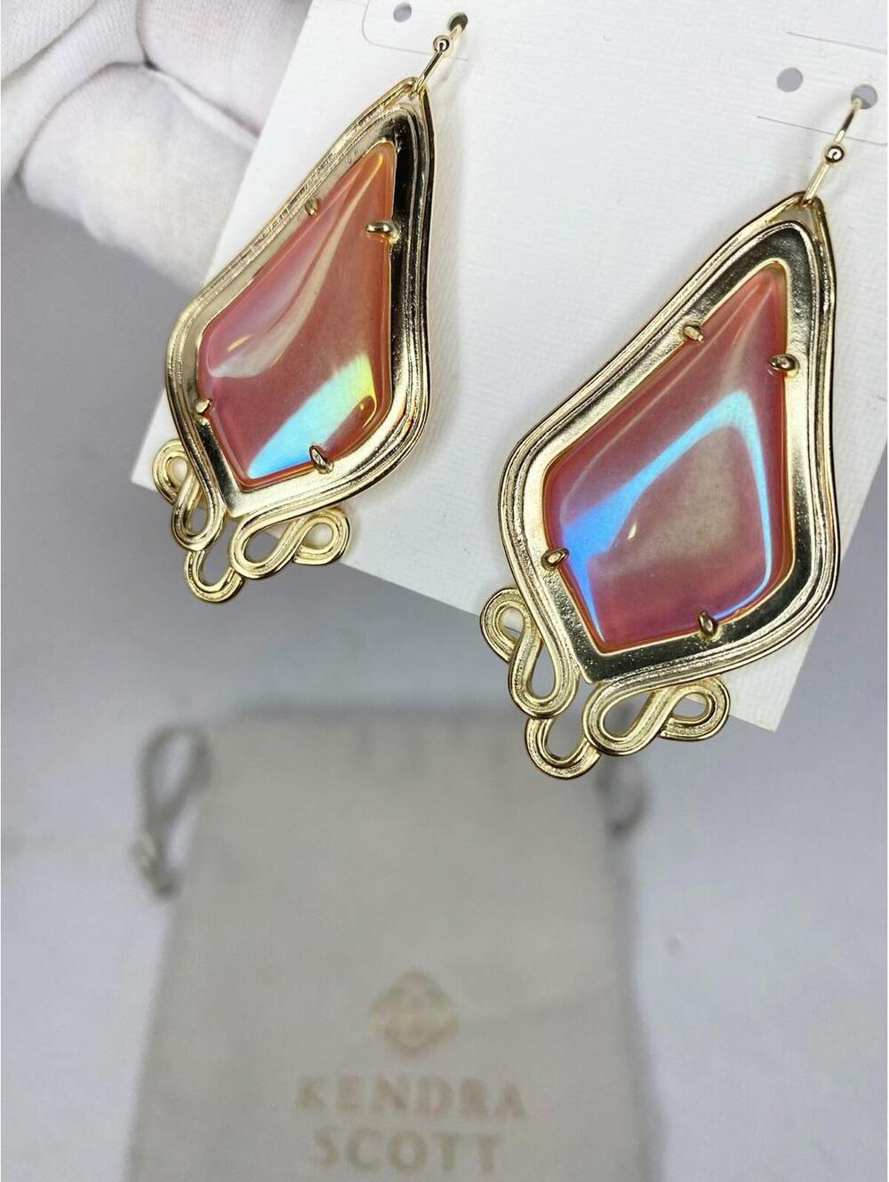 Vtg. Kendra Scott Keira Gold tone Statement Earrings Iridescent tangerine RARE